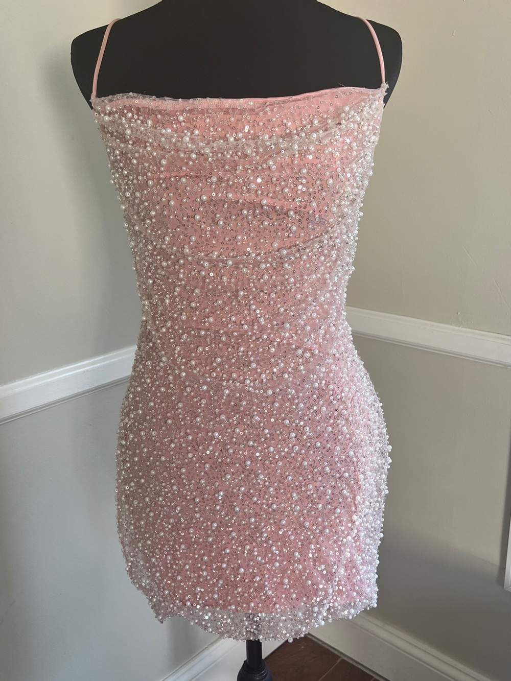 Hoco AKIRA Pink Beaded Crisscross-Back Mini Dress